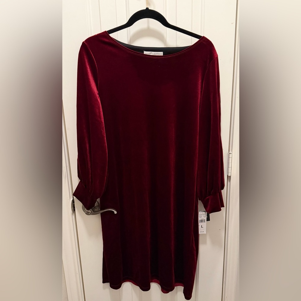 Sandra Darren Deep Red Velvet Long Sleeve Shift Dress